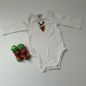 Mud Pie White Reindeer Baby Onesie with Socks 0-6 M